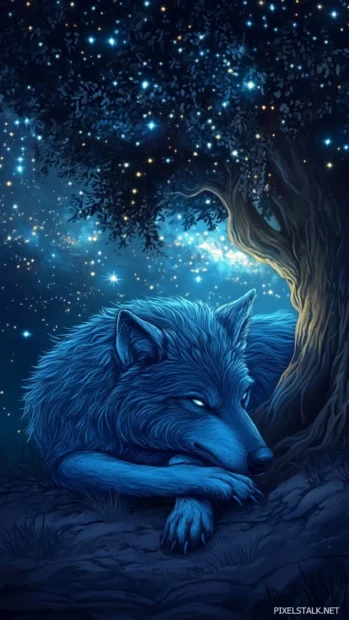 Peaceful blue wolf under star tree at night.