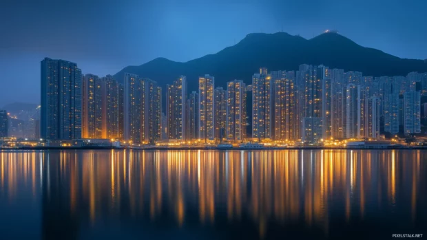 Peaceful coastal skyline, buildings in golden light, water reflects shimmer.
