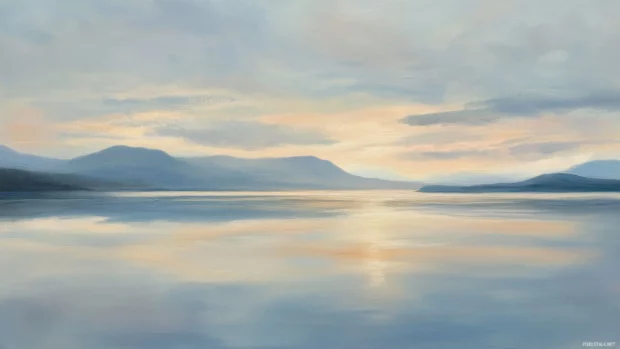 Peaceful early light brightens the sea with soft pastel tones.