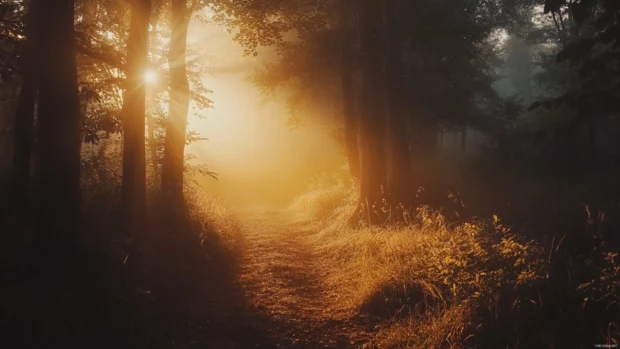 Peaceful forest trail bathed in golden sunrise light, ideal for sunrise wallpaper in forest.