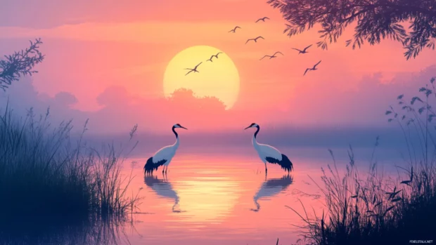 Peaceful marsh scene with cranes during dawn, ideal sunrise wallpaper with birds.