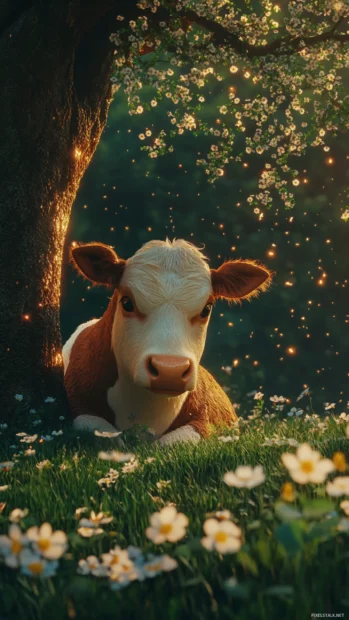 Peaceful moment of Strawberry Cow under a dreamy tree with tiny flowers.