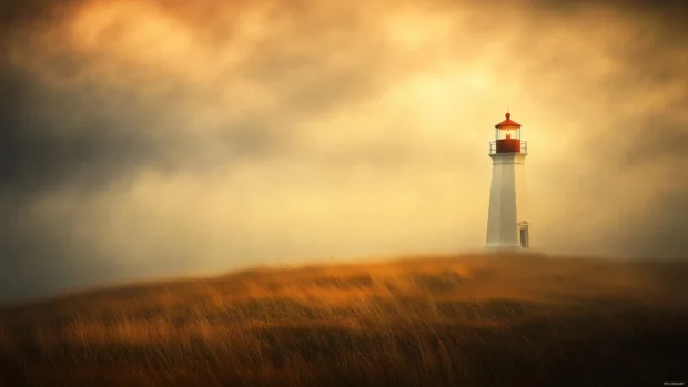 Peaceful morning at a lighthouse, golden light over grassy hill.