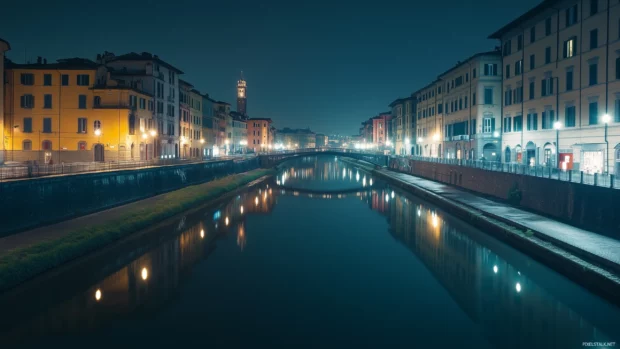 Peaceful nighttime river scene with bridge lights and city reflections.