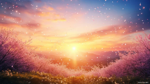 Peaceful park under warm glowing sun, vibrant Anime sky, gently falling cherry blossoms.