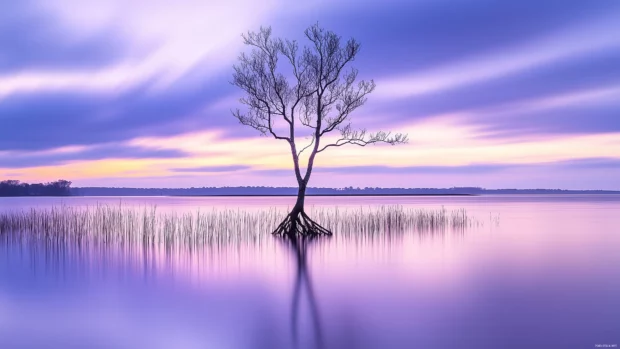 Peaceful pastel purple sky, gentle clouds reflect setting sun light.