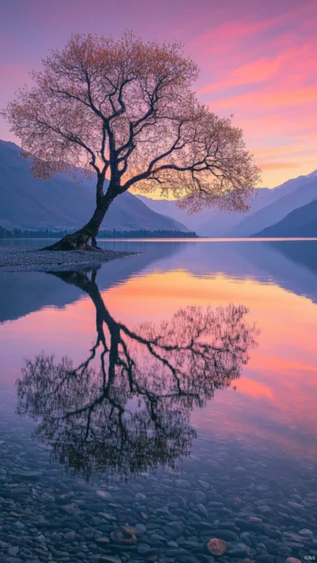 Peaceful reflections on a lake under iPhone wallpaper with sunrise.