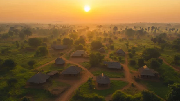 Peaceful village waking under morning sunrise.