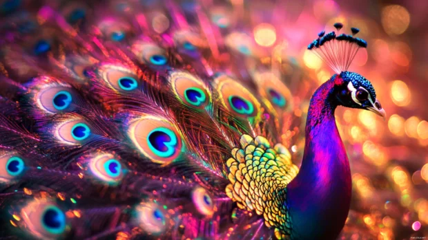 Peacock HD wallpaper showing a close up of shimmering tail eyespots glistening under sunlight.