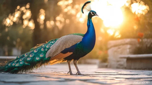 Peacock aesthetic wallpaper of a vibrant bird walking across an old stone courtyard in soft golden light.