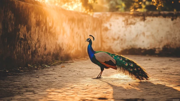 Peacock aesthetic wallpaper of a vibrant bird walking across an old stone courtyard in soft golden light.