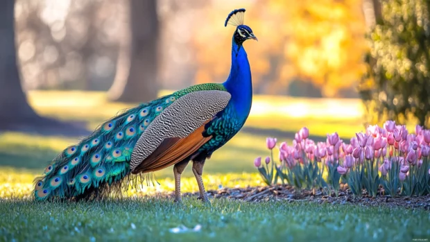Peacock desktop background featuring a male peacock standing tall in the garden during spring bloom.