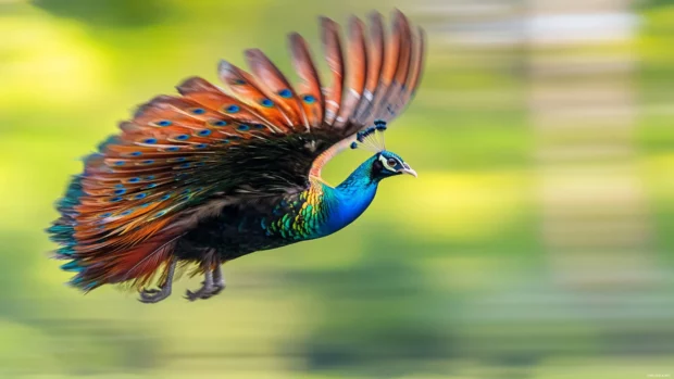 Peacock desktop wallpaper HD featuring the bird caught mid turn with feathers in soft motion blur.