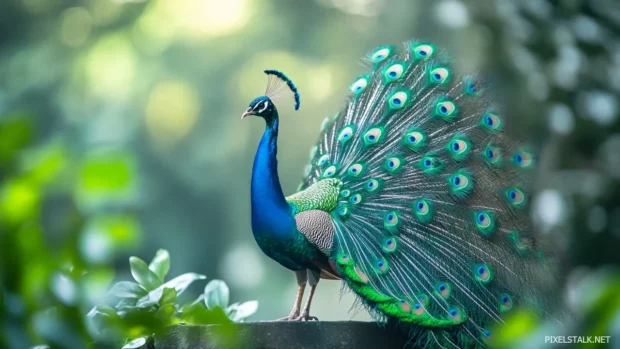 Peacock desktop wallpaper featuring the bird caught mid turn with feathers in soft motion blur.