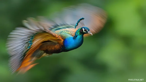 Peacock featuring the bird caught mid turn with feathers in soft motion blur.