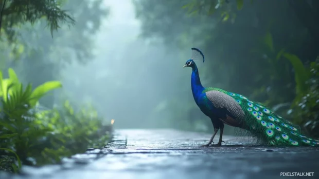 Peacock full body wallpaper showing the bird walking slowly along a misty forest path.