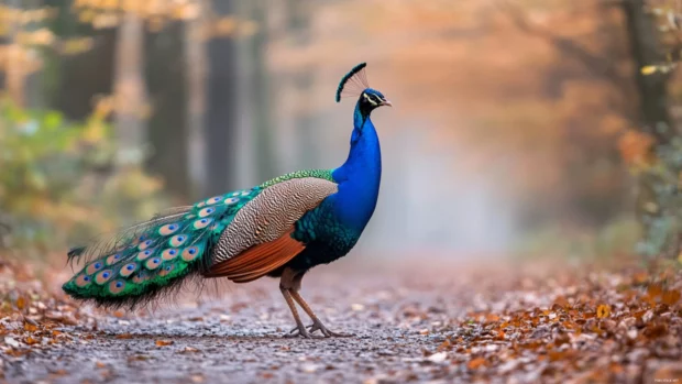 Peacock full body wallpaper showing the bird walking slowly along a misty forest path.