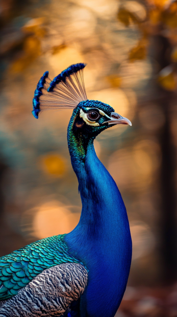 Peacock iPhone wallpaper showing a vertical frame of the bird elegant neck and crown, blurred jungle behind (2).