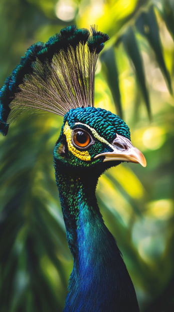Peacock iPhone wallpaper showing a vertical frame of the bird elegant neck and crown, blurred jungle behind.