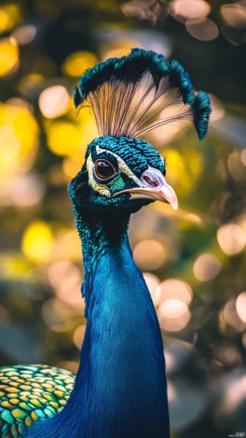 Peacock iPhone wallpaper showing a vertical frame of the bird elegant neck and crown, blurred jungle behind.