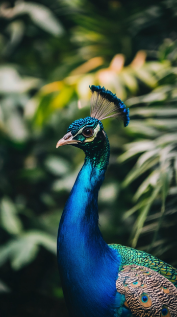 Peacock iPhone wallpaper showing a vertical frame of the bird elegant neck and crown, blurred jungle behind (4).