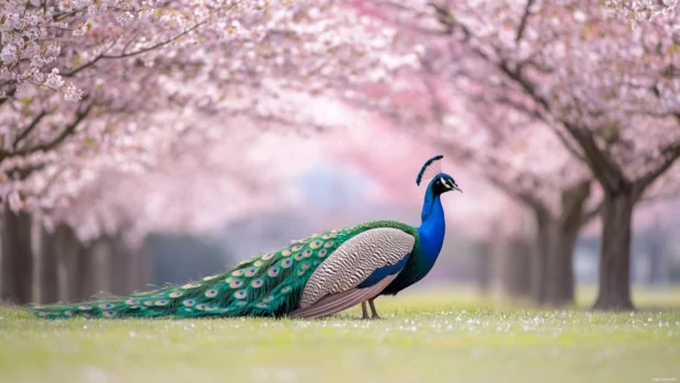 Peacock scenery wallpaper with the bird resting beneath cherry blossom trees, tail trailing behind.