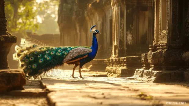Peacock walking across ancient temple ruins, tail catching glints of filtered sunlight.