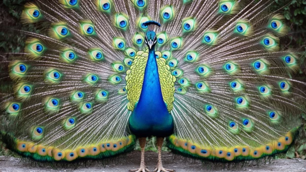 Peacock wallpaper capturing a fully fanned tail with iridescent blue, green, and gold feathers.