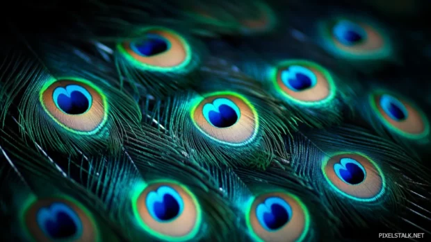 Peacock wallpaper showing a close up of shimmering tail eyespots glistening under sunlight.