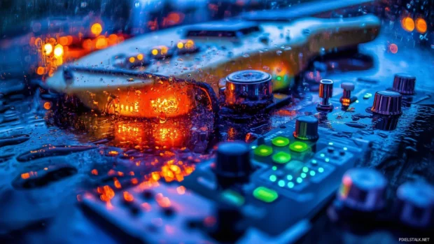 Pedal board distorted electric guitar haunting image plugged into vibrant colored lights reflecting off pedals energetic and edgy heavy metal ambiance.