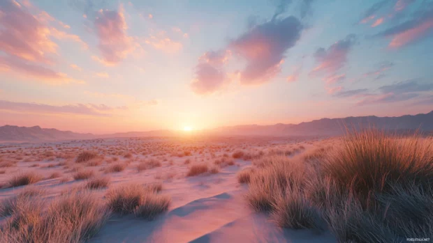 Photorealistic Sunrise Wallpaper in Desert with a vivid morning palette.