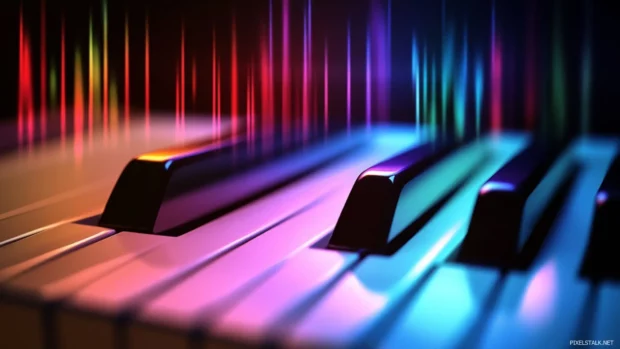 Piano keys wallpaper HD desktop, Electronic waveform glowing through studio monitor.