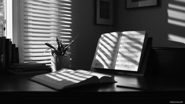 Piano sheet music wallpaper, Detailed piano sheet surrounded by soft shadows on desk.