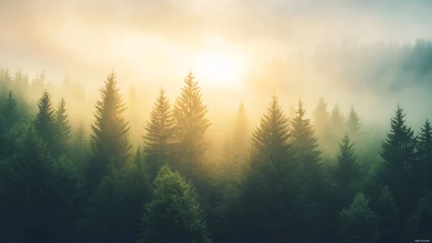 Pine trees outlined against morning sunrise sky.