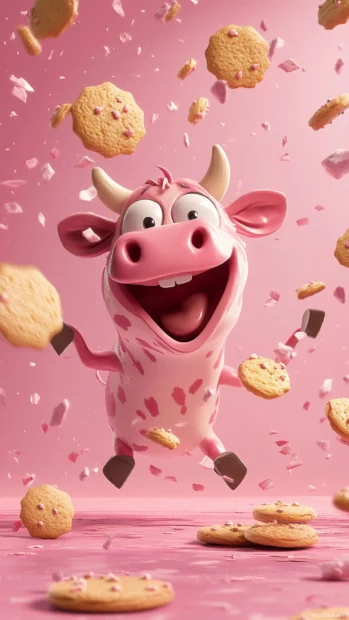 Pink Cow cartoon style with floating cookies and giggling cow.