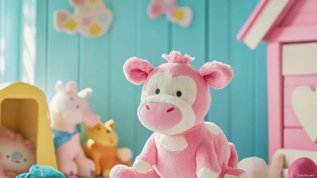 Pink Cow in a pastel barn surrounded by plush toys.
