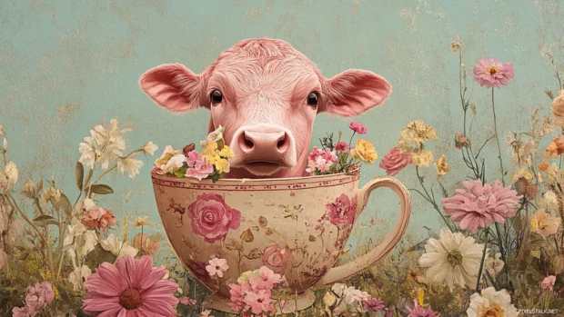 Pink Cow sitting in a tea cup full of flowers.