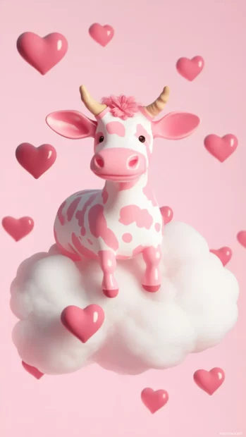 Pink Cow wallpaper showing cow riding a cloud through hearts.