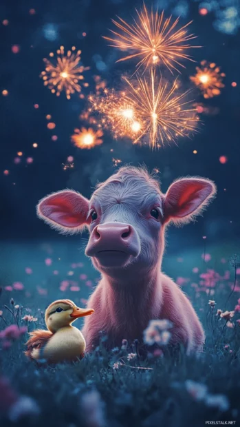 Pink Cow watching fireworks with a tiny duck pal.