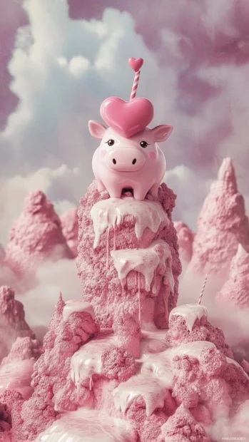 Pink Cow with heart eyes sitting atop a milkshake mountain.