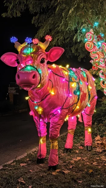 Pink Cow wrapped in twinkle lights beside a lollipop tree.