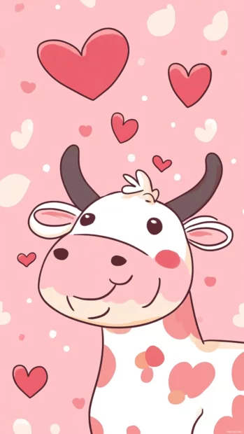 Pink Kawaii Cow illustration where cow smiles at floating hearts.