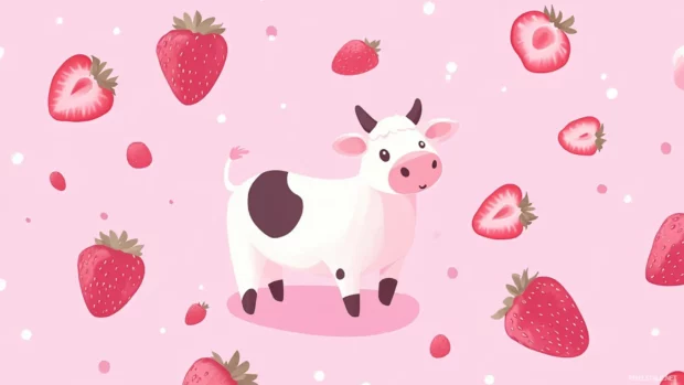 Pink Strawberry Cow aesthetic wallpaper with a pastel pink background and flying strawberry slices.
