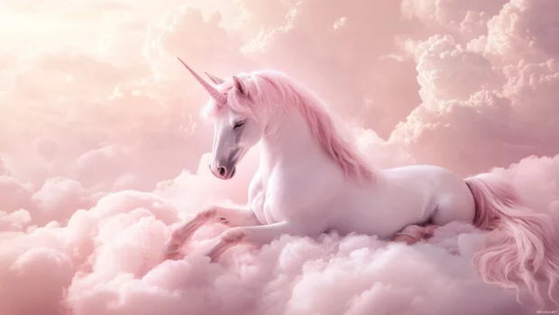 Pink Unicorn Wallpaper featuring a unicorn with flowing pink mane resting on a pastel cloud.