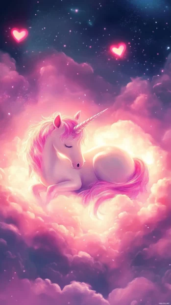 Pink Unicorn Wallpaper for featuring a unicorn curled up on a glowing heart shaped cloud.