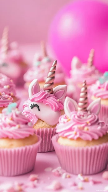 Pink background full of unicorn cupcakes in this Pink kawaii unicorn image.