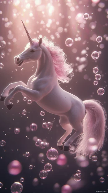 Pink bubbles float around the unicorn as it dances in midair.