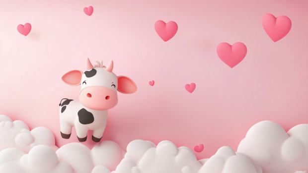Pink cartoon cow wallpaper with a tiny cow and floating hearts on soft clouds.