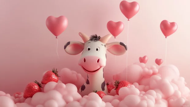 Pink clouds and heart balloons surrounding a happy Strawberry Cow.