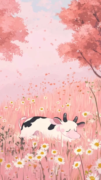 Pink field with daisies where Kawaii Cow takes a nap.